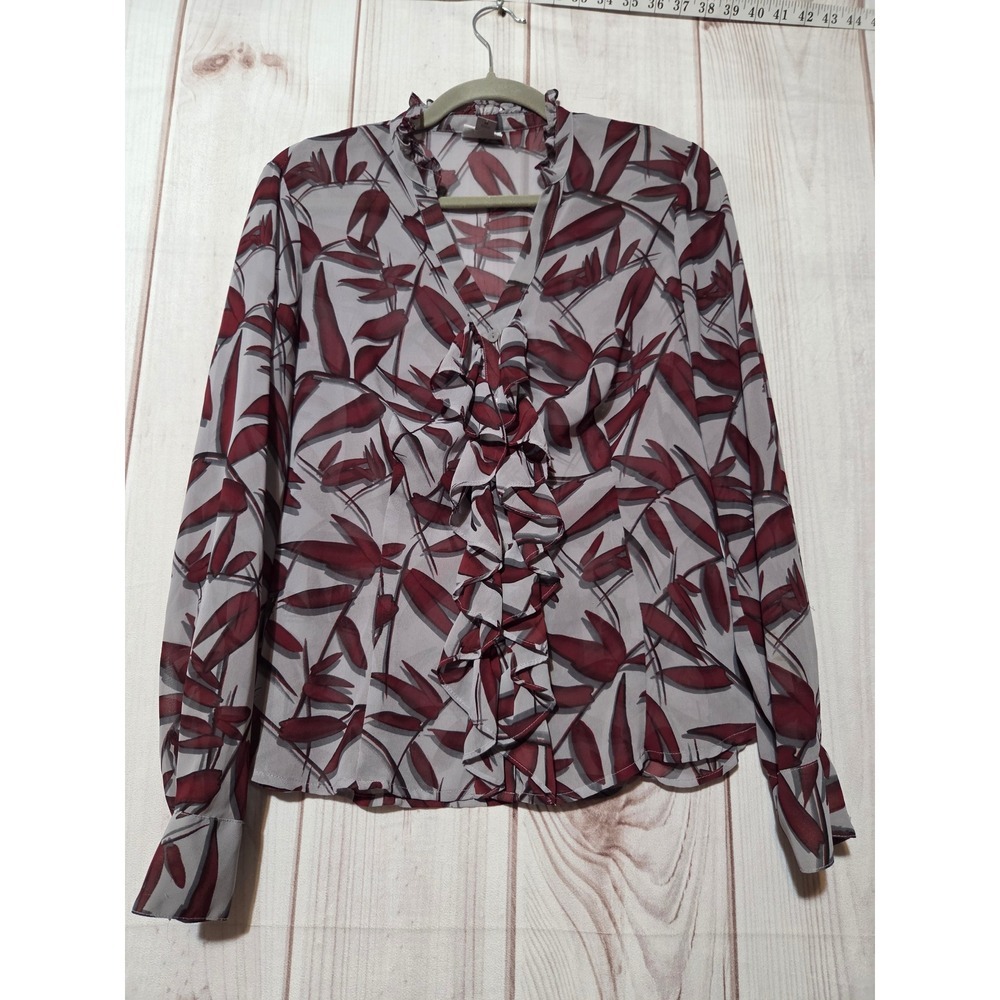 Worthington Womens M Grey Burgundy Leaf Ruffle Front Blouse Top Sheer Chiffon